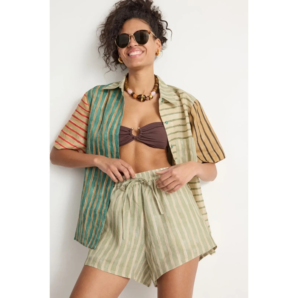 Soleil Soleil Linen Shorts US 10 Stripe Pull On Drawstring Beach Resort Neutral